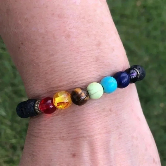 Stretch Meditation Bracelet Lava Stones Stones Rainbow Unisex NWT - Picture 4 of 5